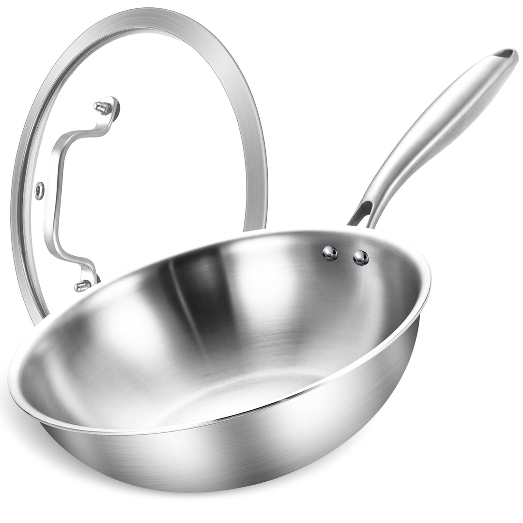 LOLYKITCH Wokpfanne Edelstahl 26 cm mit Deckel, Unbeschichtete Wok Pfanne für Induktion & Gasherd, E