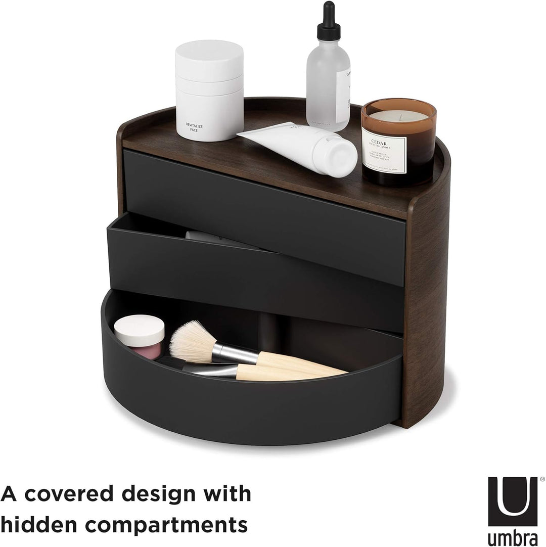 UMBRA Moona Schmuckaufbewahrung, Makeup Accessoire Organizer mit drehbaren Schubfächern, Schwarz/Wal