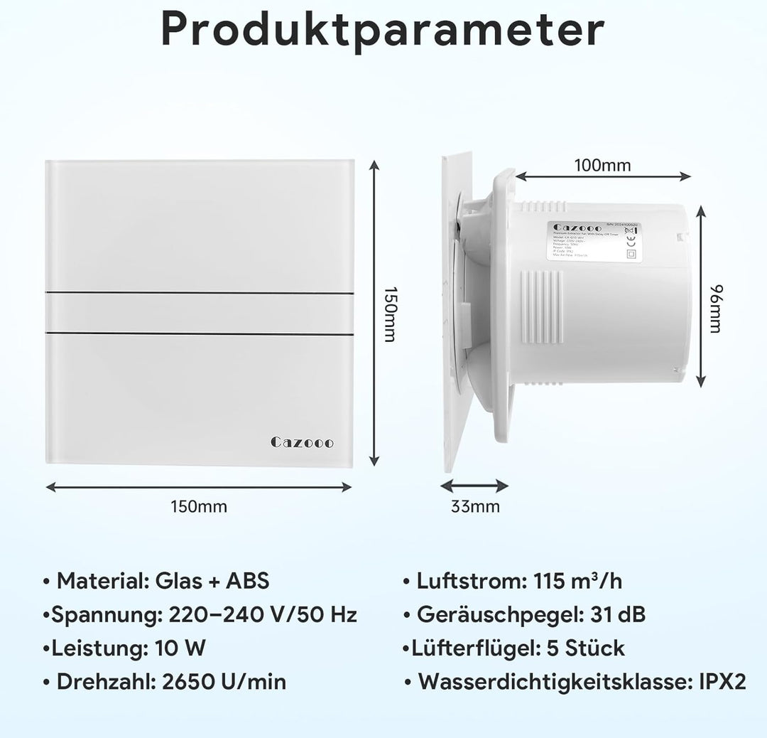 Badlüfter Glasplatte Ø 100mm Wohnraumlüfter Leiser Badlüfter 10 Watt Zuluft Abluft Badezimmerlüfter
