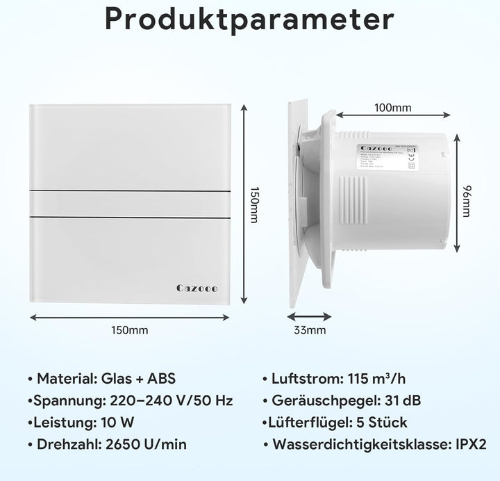 Badlüfter Glasplatte Ø 100mm Wohnraumlüfter Leiser Badlüfter 10 Watt Zuluft Abluft Badezimmerlüfter