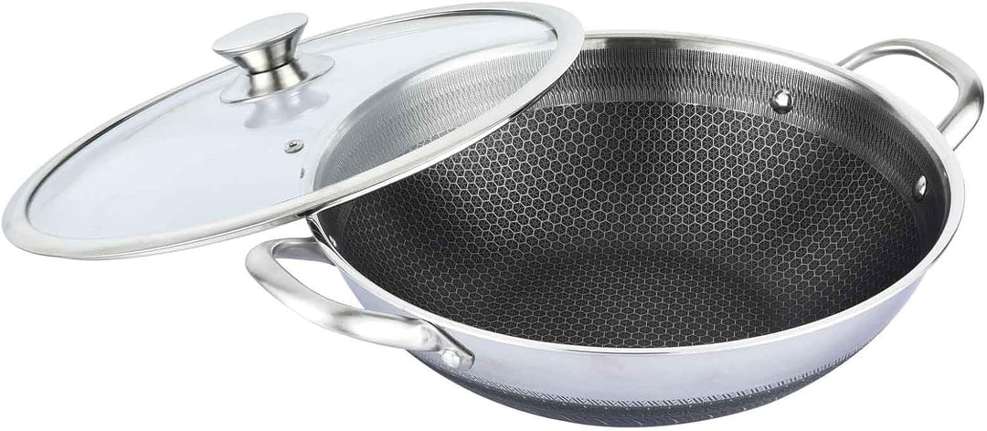 4BIG.fun Wok Bratpfanne aus Edelstahl 36 cm Antihaft Wabenstruktur Wokpfanne mit Glasdeckel Asia Sch