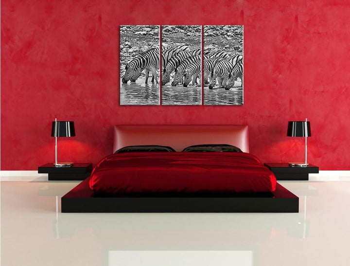Pixxprint Zebraherde am Wasserloch / 3-Teilig/Gesamtmass 120cm Leinwandbild bespannt auf Holzrahmen/