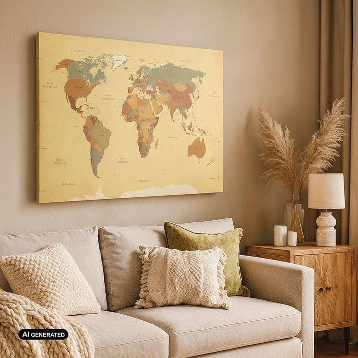 Bilder auf Leinwand Karte Welt Land Leinwandbild mit Rahmen 70x50cm Wandbilder Dekoration Wohnzimmer