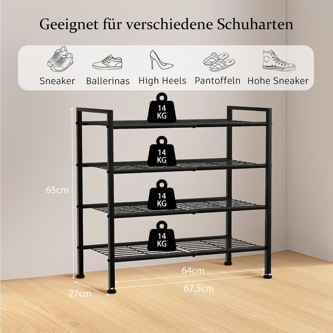 Schuhregal Schwarz Metall, 4 Ebenen platzsparendes Schuhregal, stapelbar & verstellbar, robuster Org