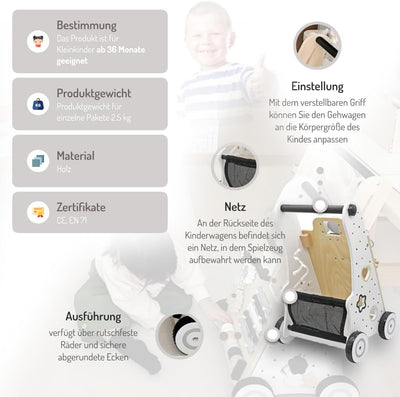 COIL Babywalker Lauflernwagen, Kinderwagen aus Holz, Lernspielzeug, ab 12 Monaten