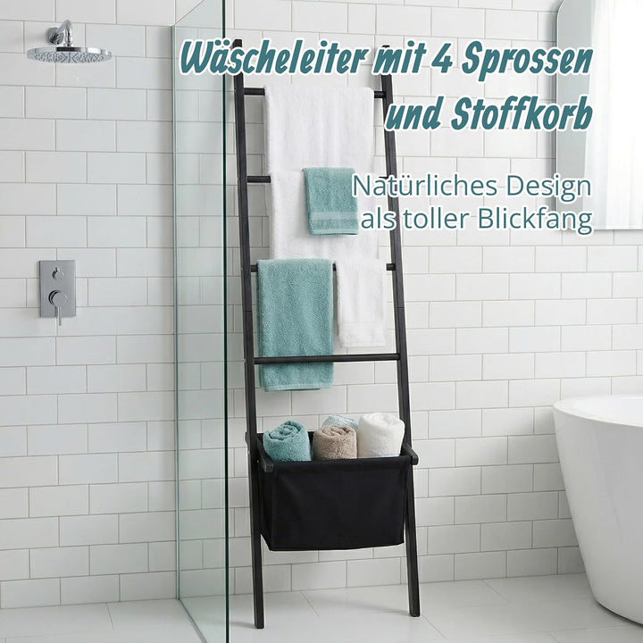 Relaxdays Handtuchleiter, 4 Sprossen, Wäschekorb, HxB: 170 x 50 cm, schwarz | Walnussholz, Badezimme