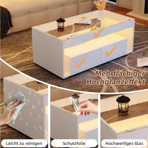 Merax LED Couchtisch – Moderner Wohnzimmertisch in Hochglanzweiss mit App-gesteuerter Beleuchtung, S