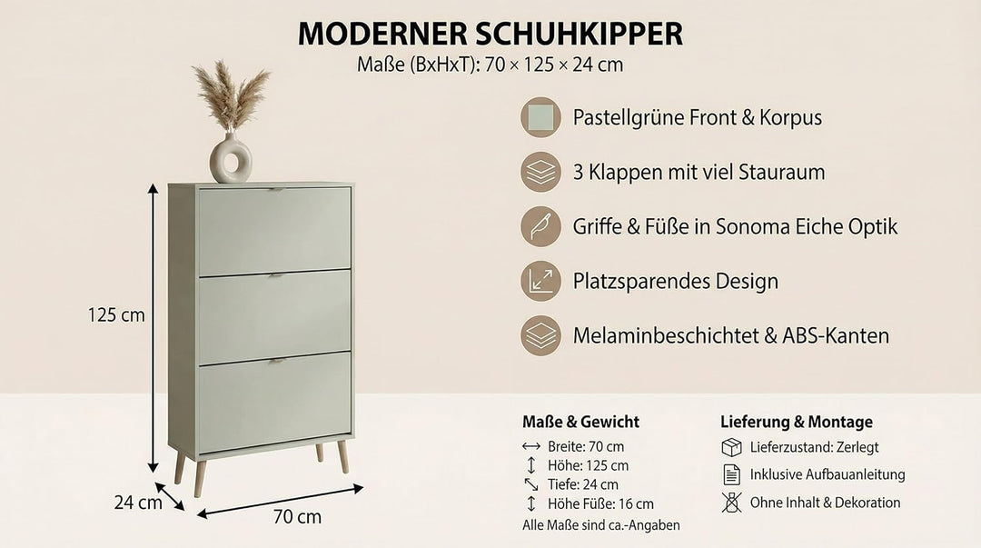 Schuhschrank mit 3 Klappen, Schuhregal Schuhkipper Schmal, Schuhschrank Pastel Grün, Schuhablage Ver
