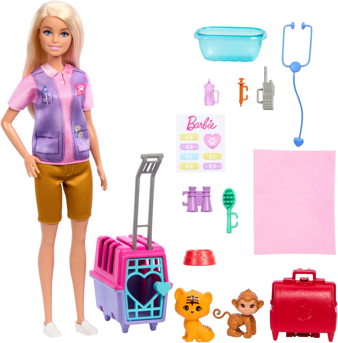 BARBIE Tierrettungsspielset - Barbie-Puppe mit Tiger und Äffchen, Transportbox mit funktionierender