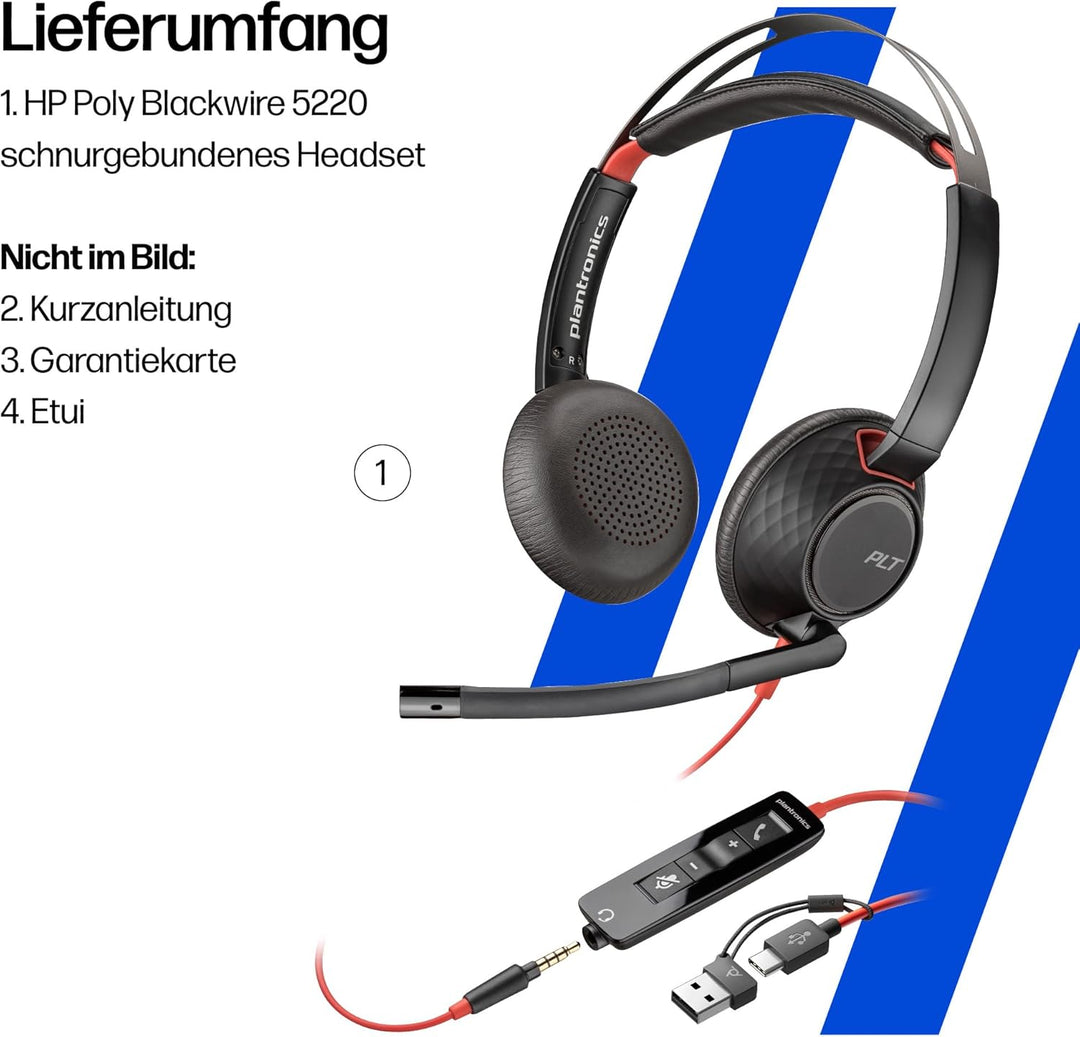 Poly Blackwire 5220 schnurgebundenes Headset, Flexibler Mikrofonarm mit Noise Cancelling, Ergonomisc