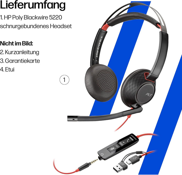 Poly Blackwire 5220 schnurgebundenes Headset, Flexibler Mikrofonarm mit Noise Cancelling, Ergonomisc