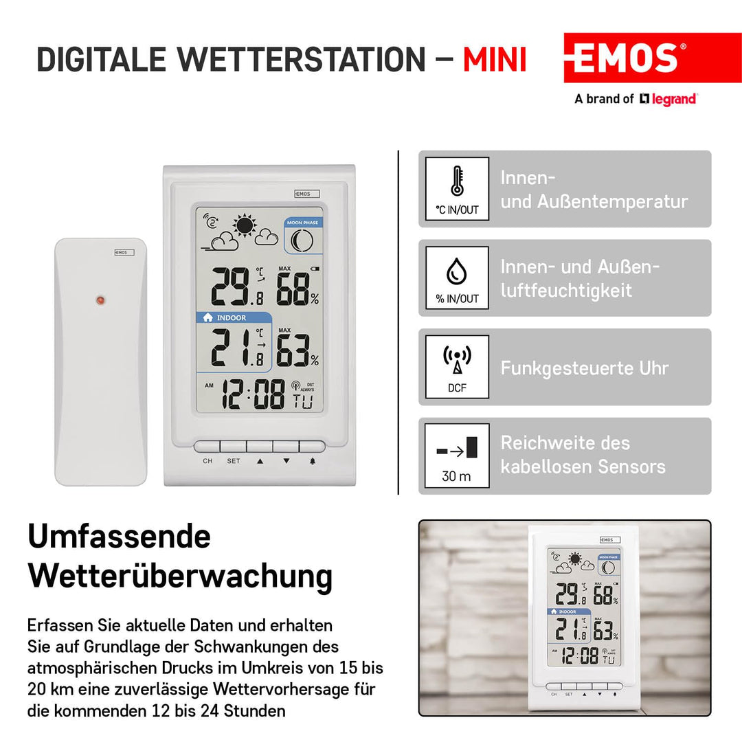 EMOS Mini Funk-Wetterstation mit Aussensensor, misst Innen- und Aussentemperatur, Feuchtigkeit, Wett