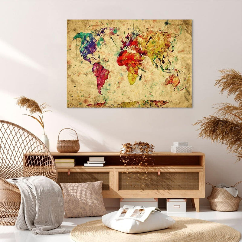 Bilder auf Leinwand 100x70cm Leinwandbild mit Rahmen Karte Welt modern Gross Wanddeko Bild Schlafzim