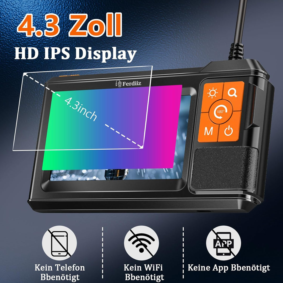 Endoskopkamera mit Licht Ferdiiz, 1080P HD Inspektionskamera mit 4,3-Zoll-IPS-Bildschirm, 5M Halbsta
