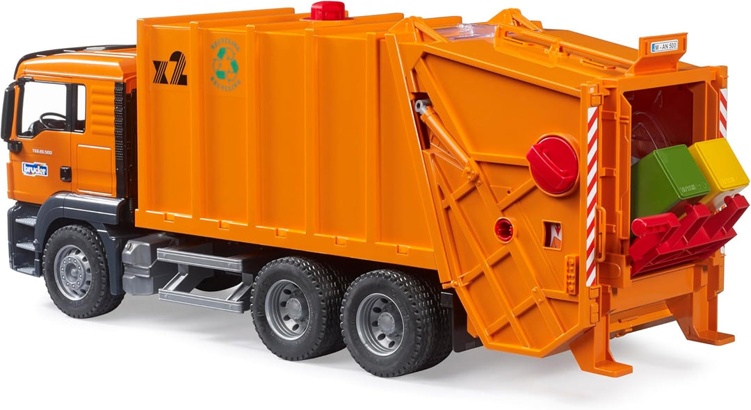 bruder 03760 - Man TGS Müll-LKW mit 2 Mülltonnen - 1:16 Fahrzeuge, Müllauto Spielzeug, Müllabfuhr, M