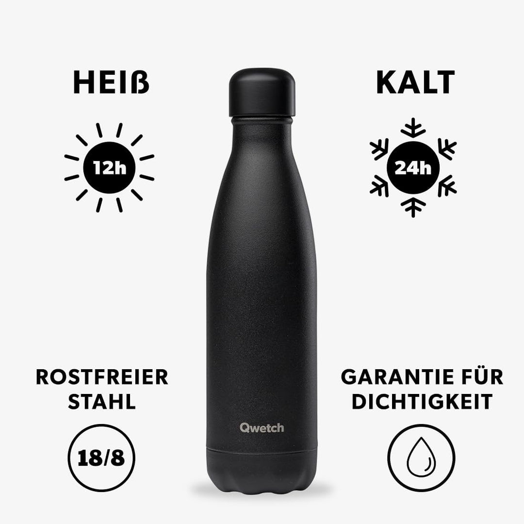 QWETCH - Isothermische Originals Flasche - Ganz schwarz 500ml - Nomadische Edelstahlflasche - 24h Ka