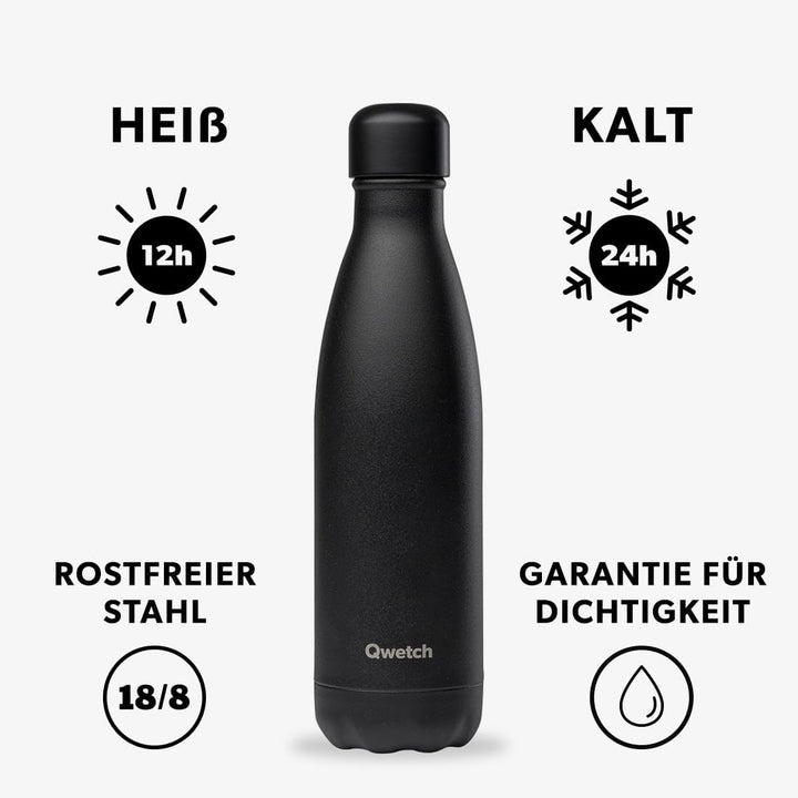 QWETCH - Isothermische Originals Flasche - Ganz schwarz 500ml - Nomadische Edelstahlflasche - 24h Ka