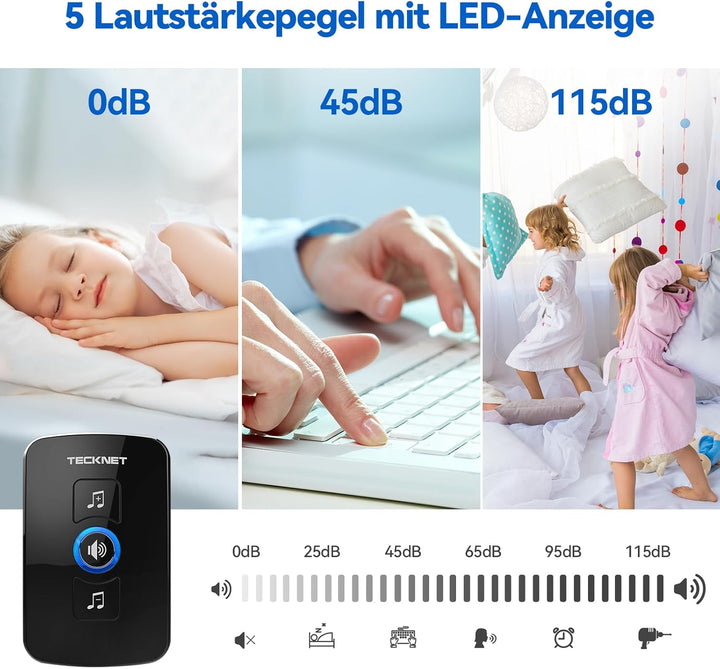 TECKNET Funkklingel, IP65 wasserdichte aussere Funkklingel mit 400 m Reichweite, Funk-Türklingel-Set