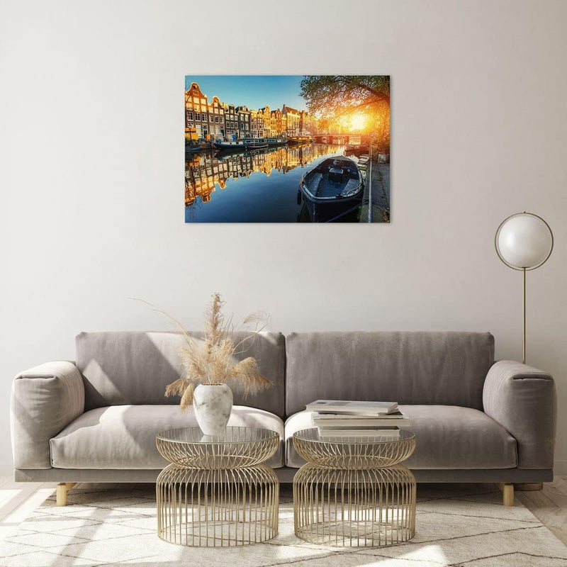 Bilder auf Glas Kanal Boot Amsterdam Wasser Glasbild 70x50cm Wandbilder Dekoration Wohnzimmer Schlaf