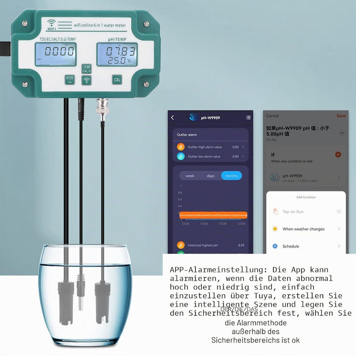 Kadimendium Wasserqualitätsmessgerät Hochpräzise 6 in 1 PH TDS EC SG Salztemperaturtester WiFi-Verbi