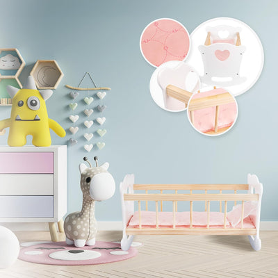 Green series Kinderplay Puppenwiege aus Holz, Weiss Puppenbett Holz, Wiege für Puppe – Set Wiege mit