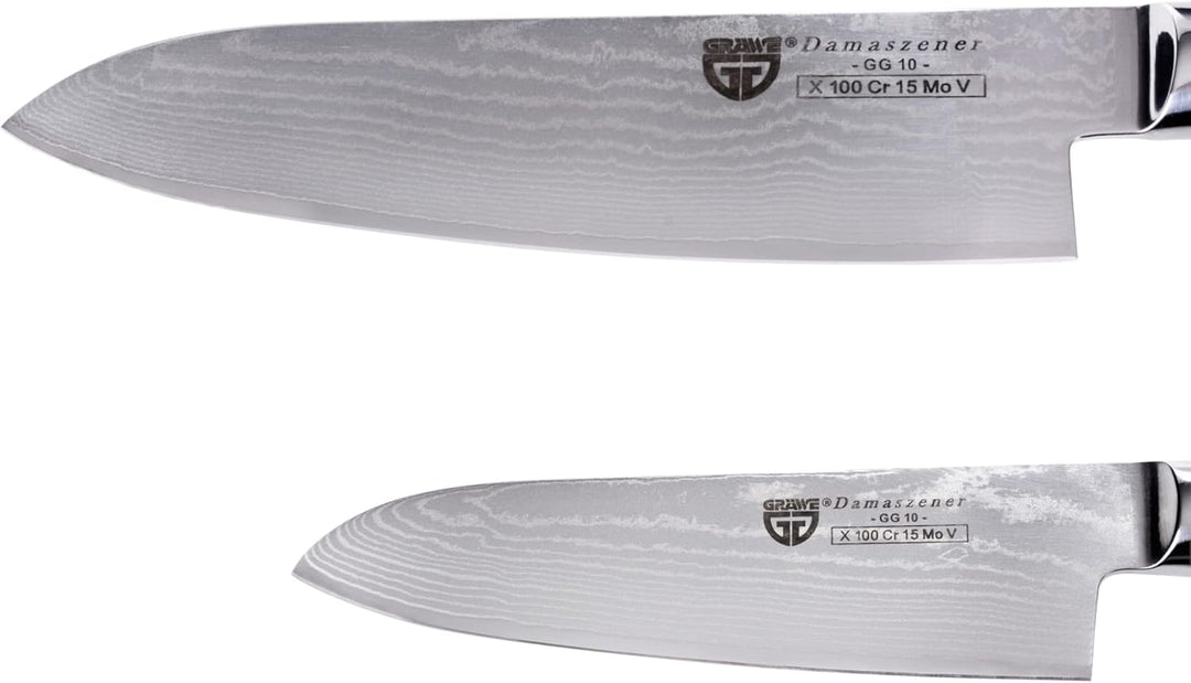 GRÄWE Santokumesser Messerset - 2er Pack, Damastmesser mit Holzgriff, 12 cm & 17 cm Klinge im Set in