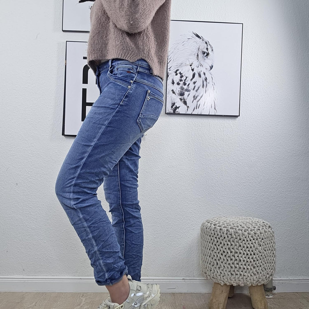 Karostar Damen Boyfriend Stretch Jeans mit offener Knopfleiste L Denim Middle Blue, L Denim Middle B