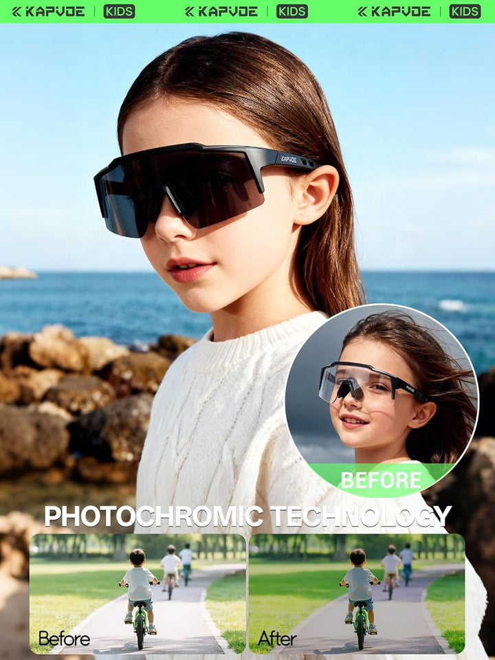 KAPVOE Kinder Fahrradbrille selbsttönend UV400, leichte Sportsonnenbrille mit photochromatischen Glä