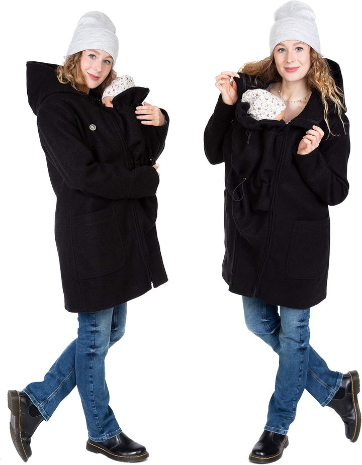 Viva la Mama - schicker Umstands- und Tragemantel für den Winter - VALENTIN L schwarz - vorn tragen,