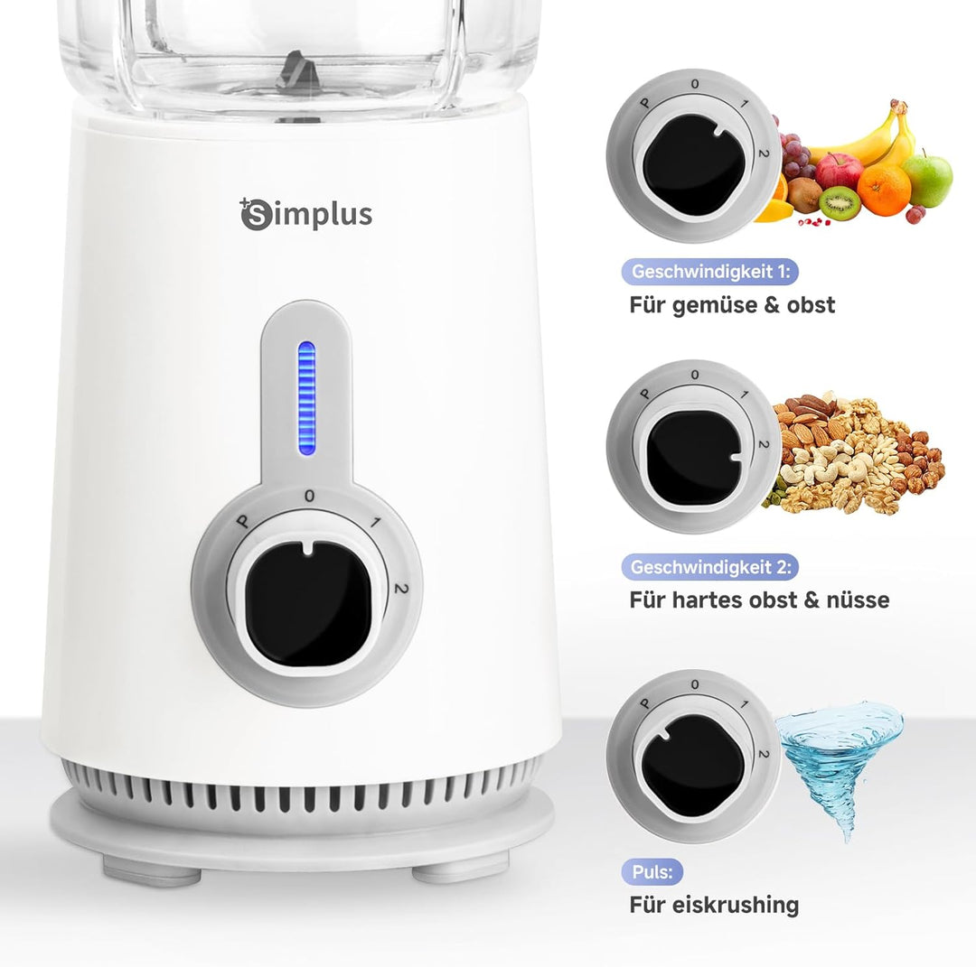 SIMPLUS 3-in-1 Standmixer & Smoothie Maker mit 1,25L Mixbecher, 500ml Fleischwolf & 300ml Mahlbecher