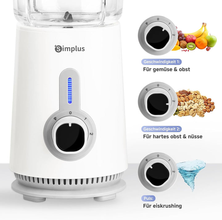 SIMPLUS 3-in-1 Standmixer & Smoothie Maker mit 1,25L Mixbecher, 500ml Fleischwolf & 300ml Mahlbecher