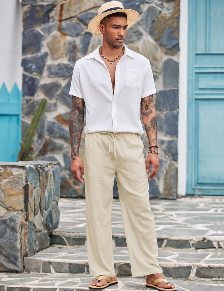 COOFANDY Leinenhose Herren mit Tunnelzug Herrenhose Leicht Sommerhose Freizeithose Einfarbig Leinen