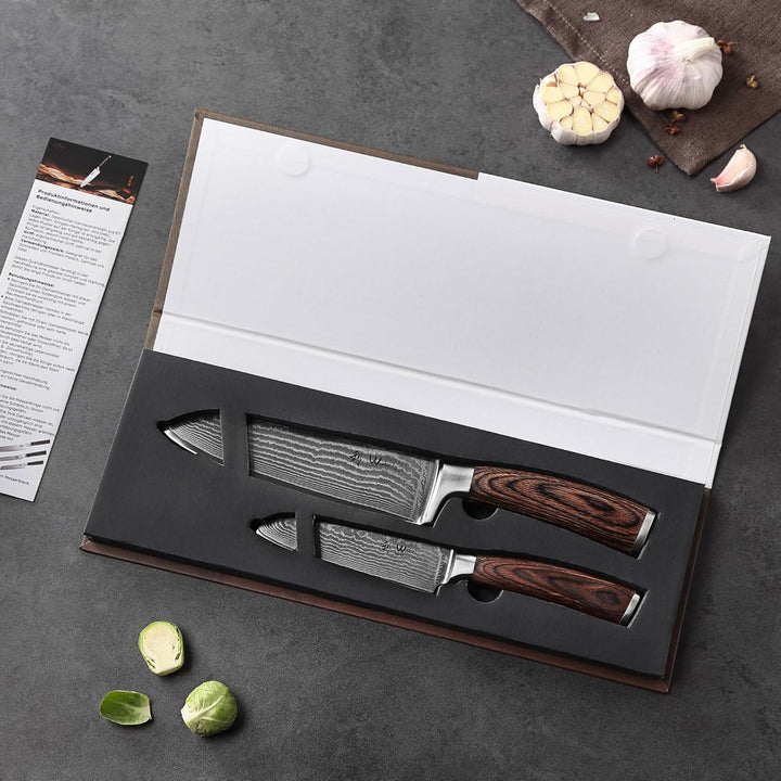 Wakoli Edib 2er Damastmesser-Set mit extrem scharfen Klingen von 12-17 cm Länge gefertigt aus 67 Lag