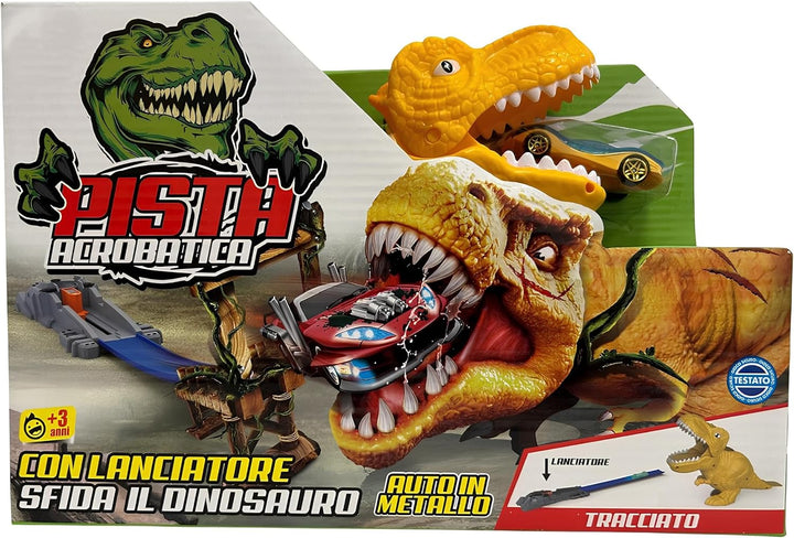 Dinosaurier-Bahn Tyrannosaurus T-Rex mit Launcher und Auto aus Metall Rennbahn Autos Todessprung Fle