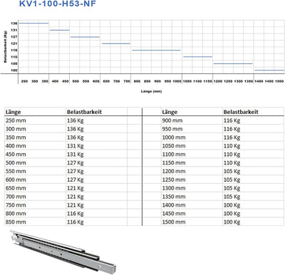 SOTECH 1 Paar Vollauszüge KV1-100-H53-L1000-NF 1000 mm Schrankauszüge belastbar bis 116 Kg Länge: 10