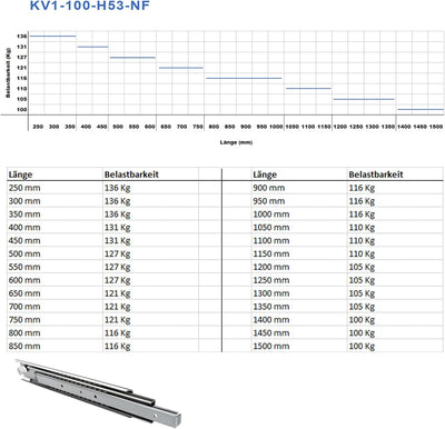 SOTECH 1 Paar Vollauszüge KV1-100-H53-L250-NF 250 mm Schubladenschiene belastbar bis 136 Kg Länge: 2