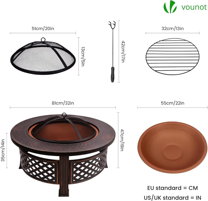 VOUNOT® Feuerschale Ø 81 cm mit Funkenschutz und Schürhaken Metall Feuerkorb Feuerstelle für den Gar