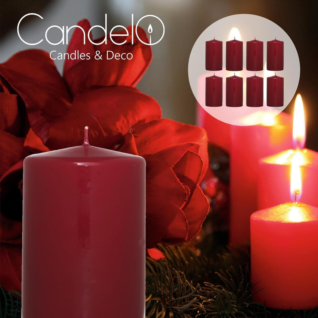 Candelo 8er Set Kerzen Weihnachten Stumpenkerzen - Dunkelrot - 5,8cm x 12cm - Weihnachtskerzen für A