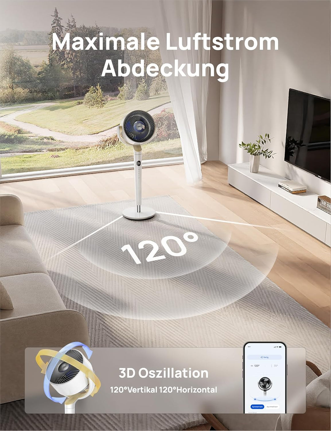 Dreo Smart Standventilator mit RGB Light, 120° +120° Oszillierender Ventilator mit Fernbedienung, 20