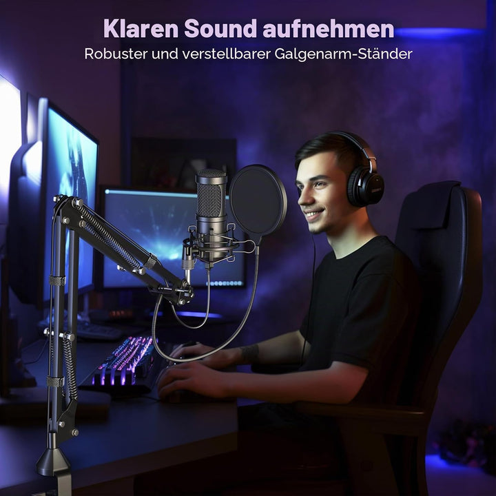 aokeo USB Mikrofon, 192kHZ / 24bit Podcast-Mikrofonsets mit Mikrofonständer, Stossdämpferhalter, Win