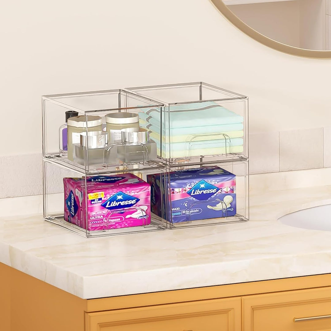 4 Stück Badschrank Organizer Box, Stackable Acryl Aufbewahrungsbox Schublade mit 32 rutschfeste Matt