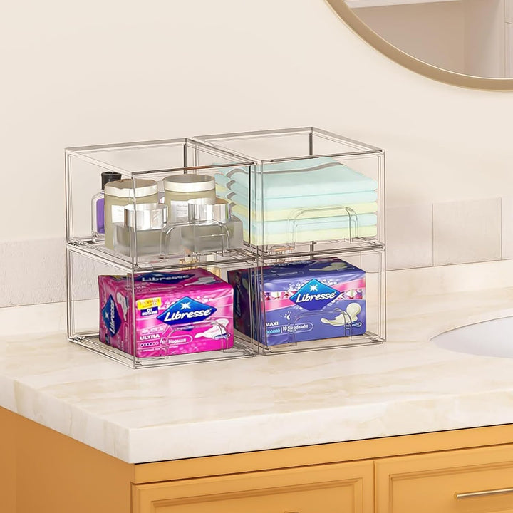 4 Stück Badschrank Organizer Box, Stackable Acryl Aufbewahrungsbox Schublade mit 32 rutschfeste Matt
