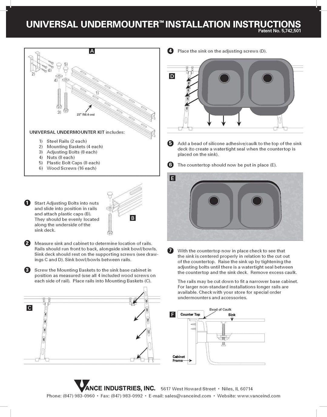 Vance Industries qn23um 58,4 cm Universal Unterbau Installation Kit