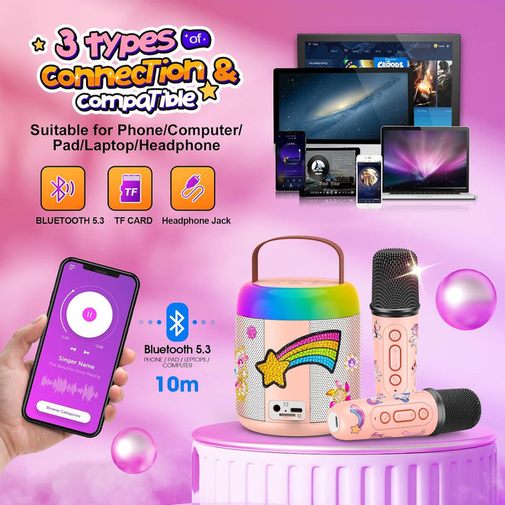 Karaoke Maschine mit 2 Mikrofon Kinder, Einhorn Geschenke für Mädchen Geschenk Mädchen 3-12 Jahre, T