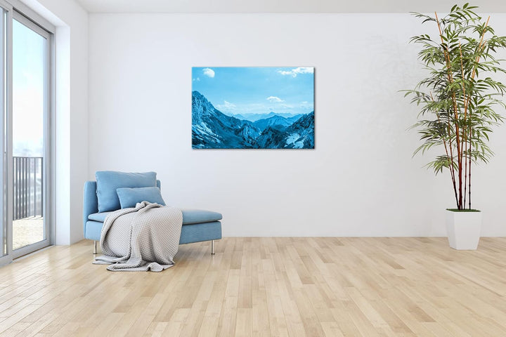 atemberaubender Ausblick in den Alpen Format 80x60 Effekt: Monocrome Blau als Leinwandbild, Motiv fe