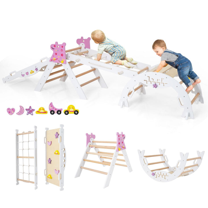 FANTASK 7 in 1 Klettergerüst Indoor, Kletterdreieck 4er Set mit Rutsche, Kletterbogen, Netz, inkl. d