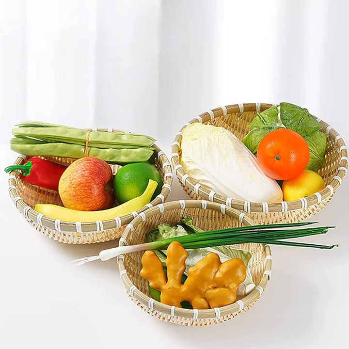 Happyyami 3Pcs Bambuskorb Tablett Flach Flacher Korb Gewebtes Obstkorb Dekorative Rattan Tablett für