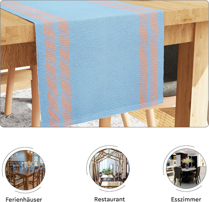 Encasa Tischläufer aus Gerippter Baumwolle für 4 to 6 Seater mit Leiter blau und Grösse Gross 32x183