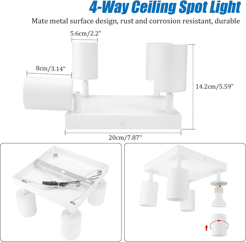 Klighten Deckenstrahler 4 Flammig Weiss, GU10 Deckenlampe Strahler Schwenkbar, Spotleuchte Drehbar D