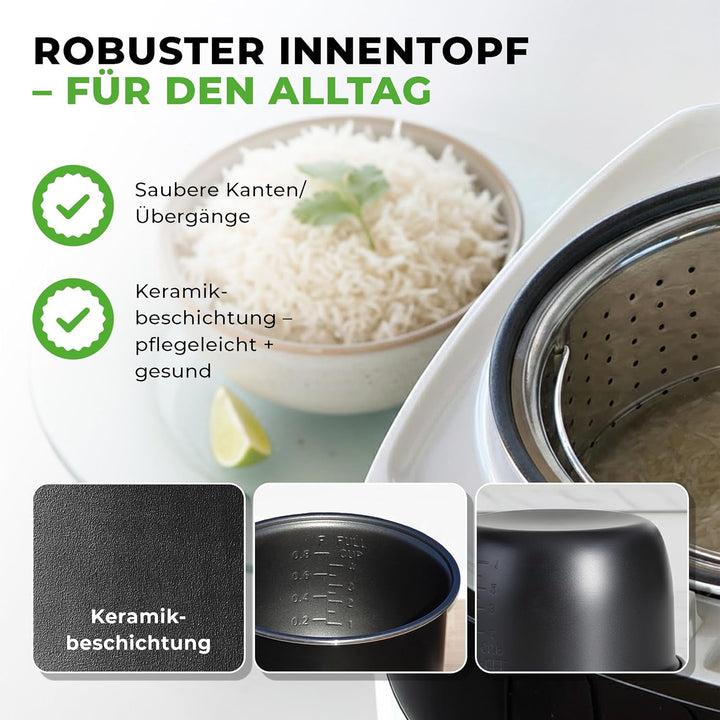 Mini Reiskocher kleiner Multikocher 0,8L 3,5 Cup/1-4 Portionen, 10 Programme für ALLE Reissorten ink